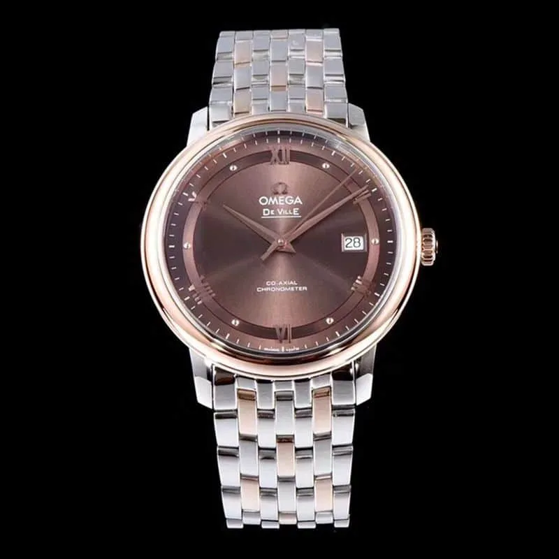 Fine imitation Omega watches Dafydd series men's mechanical ultra-thin watch between rose gold steel belt coffee face buckle Figure