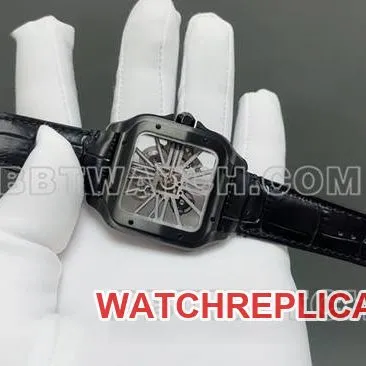 collectible watch Santos MLF factory Cartier black hollow plate mechanical leather strap model side live photo