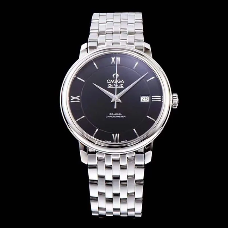 Omegatop-tiersuper watch De Ville series men's mechanical ultra-thin watch white steel black face detail shots
