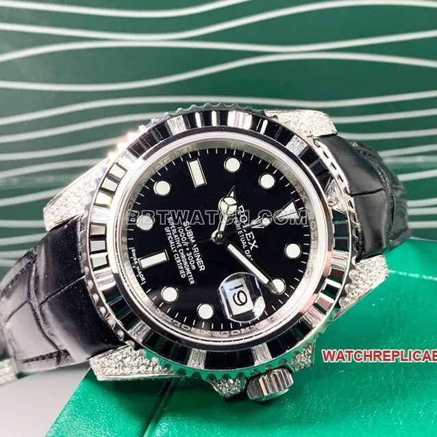 RolexSubmariner1:1super cloneblack dialdiamond bezelleather strap wearing live photos