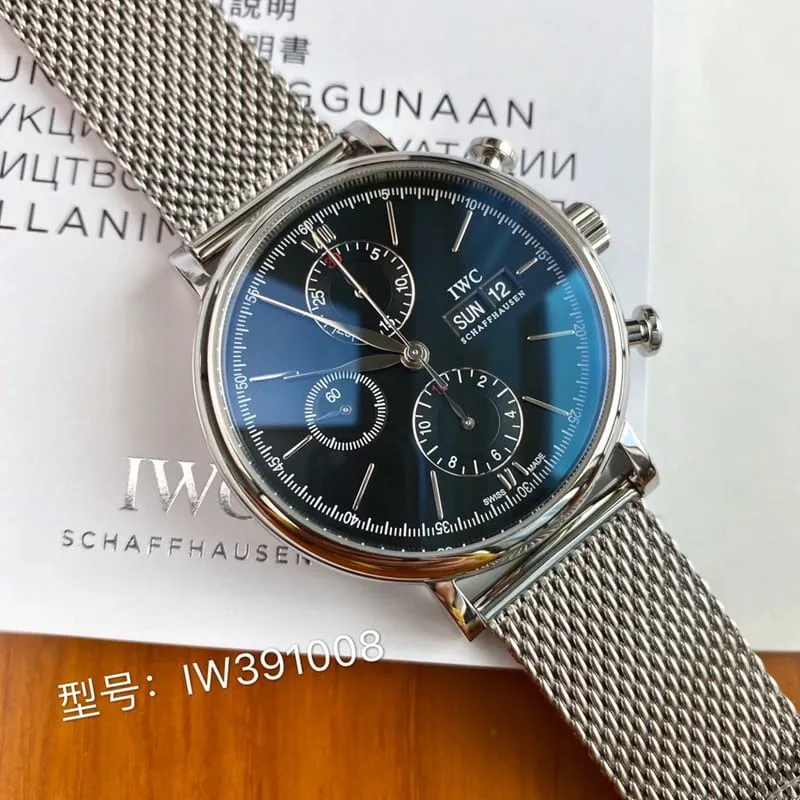 IWC Portofino Original Quality Steel Milanese Strap Swiss ETA 7750 Movement Black, White, and Blue - Front View