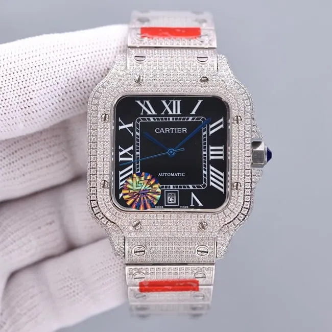 top-tier real diamond Cartier Santos baby's breath black dial watch front view