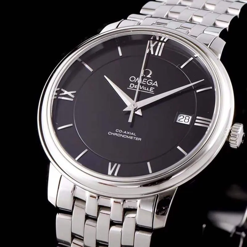 Omegatop-tiersuper watch De Ville series men's mechanical ultra-thin watch white steel black face bracelet picture
