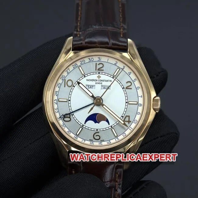 ZF Vacheron Constantin Top Woodland Type Men's White Plate Brown Strap Automatic Mechanical Watch Side View