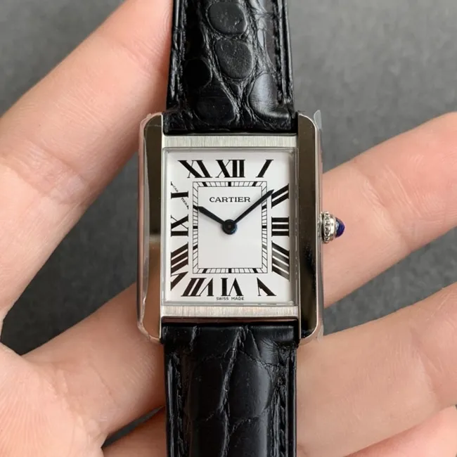 K11 factory top-tier watch Cartier tank series ladies white dial black belt mechanical watch side view