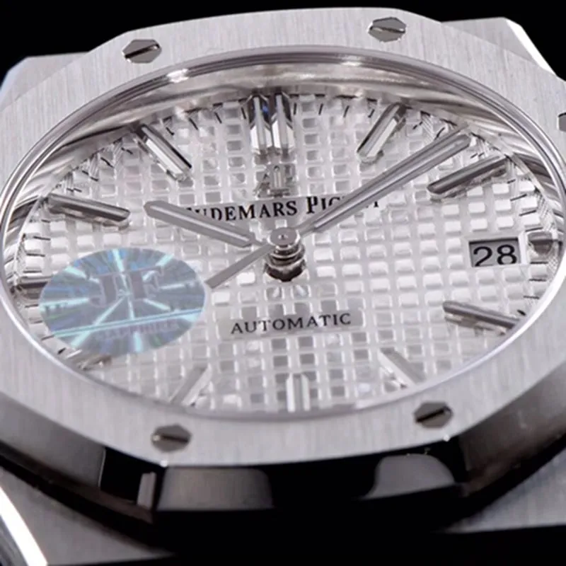 top-tier watch Audemars Piguet men's white dial mechanical steel bracelet watch front view