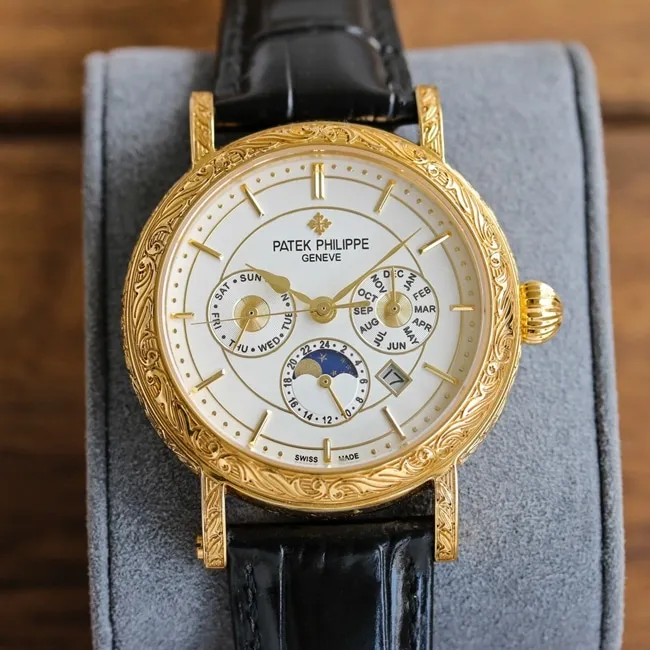 top-tier replicaPatek Philippehigh-quality watch men's black dial black belt pure handmade-engraved 42mm mechanical leather strap watch clasp picture