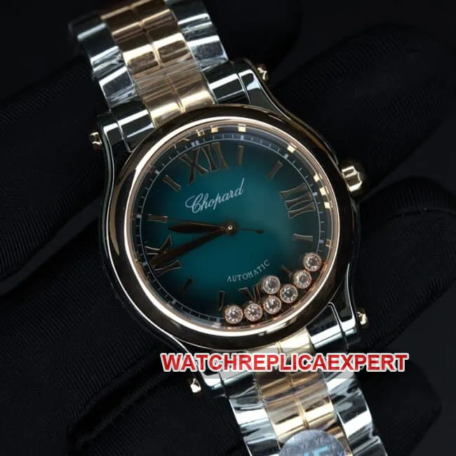 YF factory Chopardtop-tier watch ladies blue dial gold belt happy diamond automatic movement side view