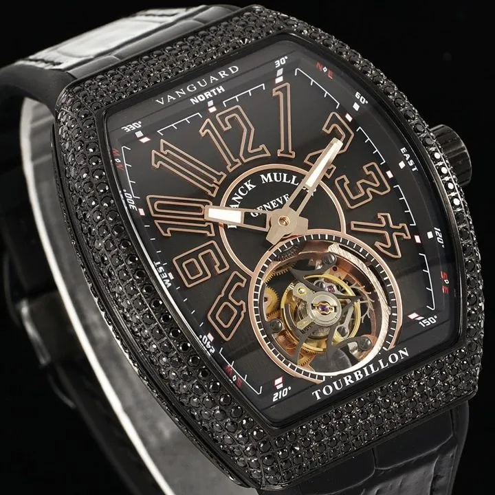 RMS factory Frank Muller men's watch black dial diamond rose goldtourbillonleather strap model V45caseback live photo
