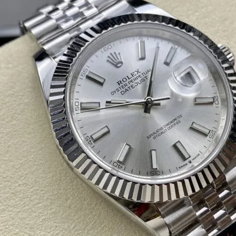 Side view of the high-quality AR Rolex Oyster Perpetual Datejust 41 series men's watch from a major manufacturer.