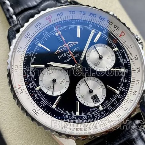 collectible watch BLS factory aviation chronographBreitling black white dial black leather strap model side live photo