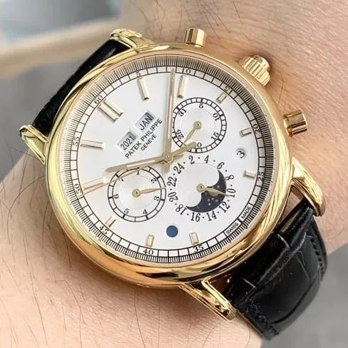 Top Patek Philippe imitation men's white dial black strap perpetual calendar chronograph series fully automatic mechanical watch detailed images