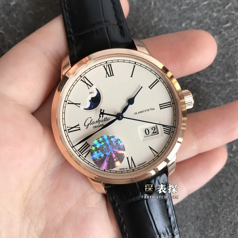 GL factory Glashütte Original original watch men's white dialmoon phaserose goldleather strap picture and price caseback live photo