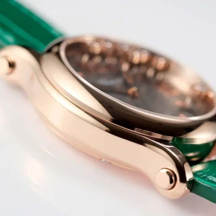 High Chopard women's watch, black dial, green strap, HAPPY DIAMONDS series, mechanical leather strap, side view