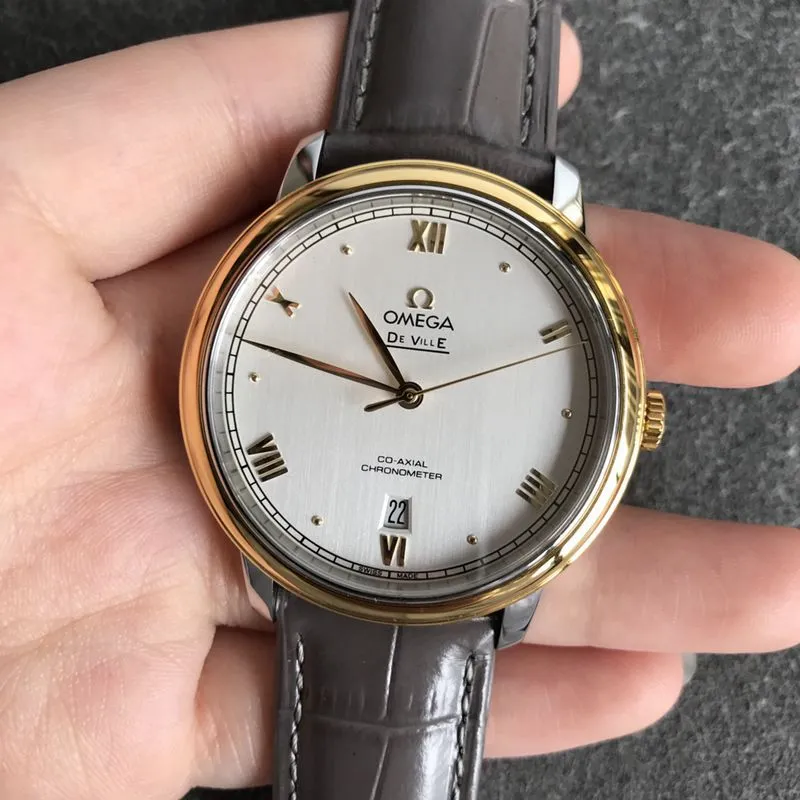 Omegatop-tiersuper watch Diefei series men's white dial gold edge leather strap mechanical watch clasp picture