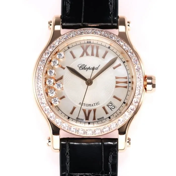 top-tier watch Chopard women's gold plate black belt happy diamond series leather strap watch side view