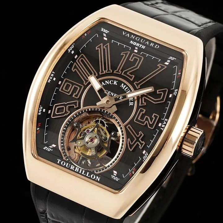 RMS factory Frank Muller men's watch black dialrose goldleather strap model V 45 T BR (NR) front live photo