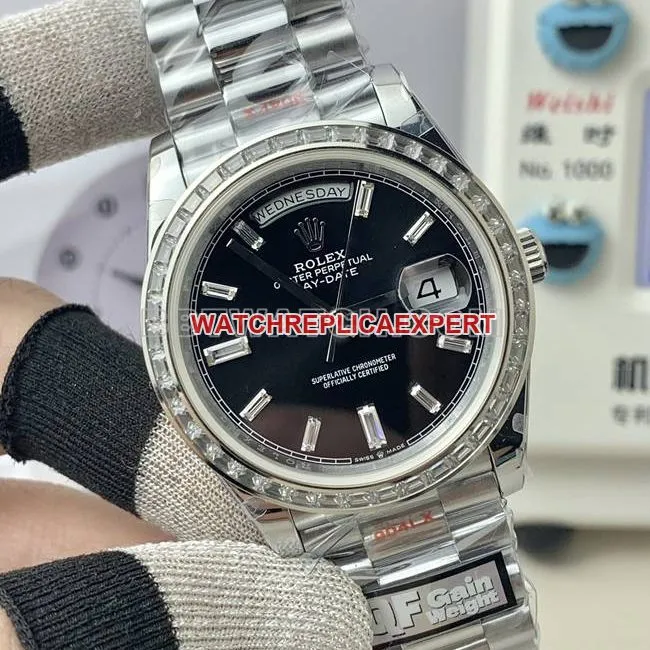 QF factory 1:1replica watch Day-DateRolexblack dial square diamond bezel40mmside live photo