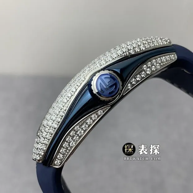 ABF ladies Frank Muller watch blue dial diamond leather strap model Vanguard Yachting diamond side view