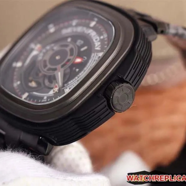 Seven day display five watch all black super cool hollow SEVENFRIDAY/automatic movement fashion men's watch Swiss steel bracelet large dial side view