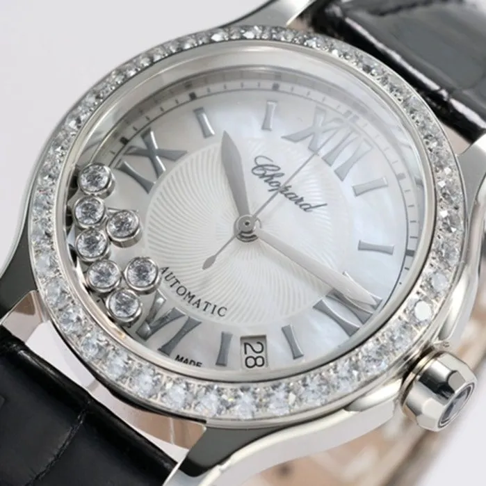 top-tier watch Chopard women's white dial black belt Happy Diamonds series watch front view