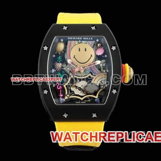 Richard Mille men's top-tier smiley tourbillon black shell yellow leather strap model RM 88braceletlive photos