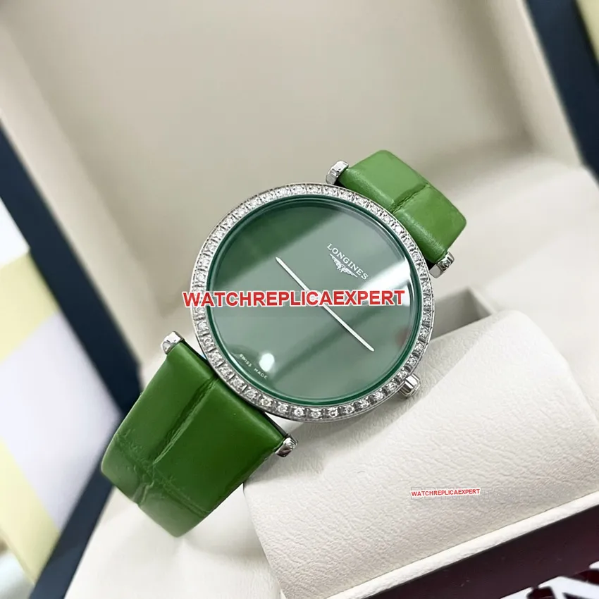 Longines elegant super clonegreen dialdiamond bezelleather strap model L4.523.0.60.2braceletlive photos