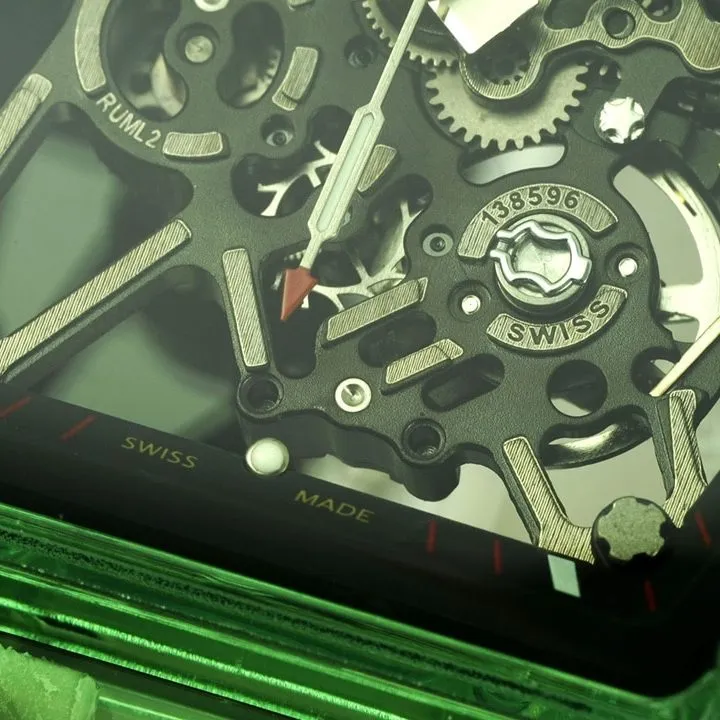 Richard Mille men's top-tier watch green transparent hollow plate rubber model RM35-01side live photo
