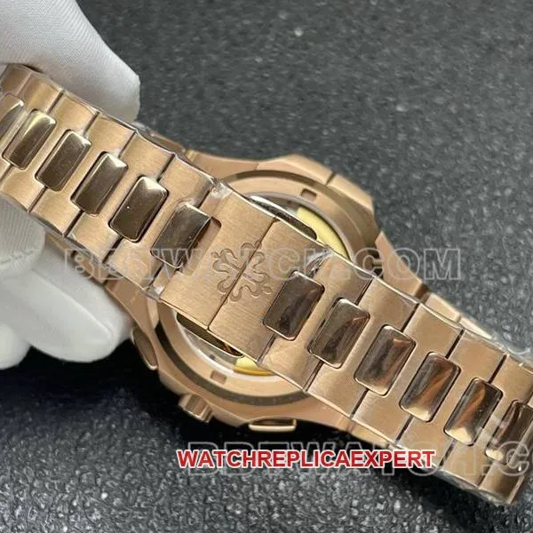 Patek Philippe Watch Sport Elegant Blue Plate Mechanical Rose Gold Steel Strap Model 5990 Side by Side Photos