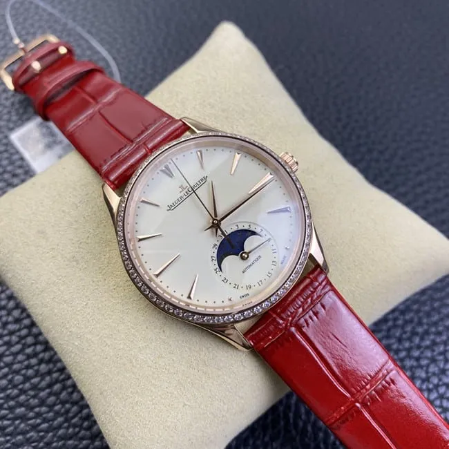 Jaeger-LeCoultretop-tier watch ladies white dial red dot moon phase master automatic movementleather strap side view