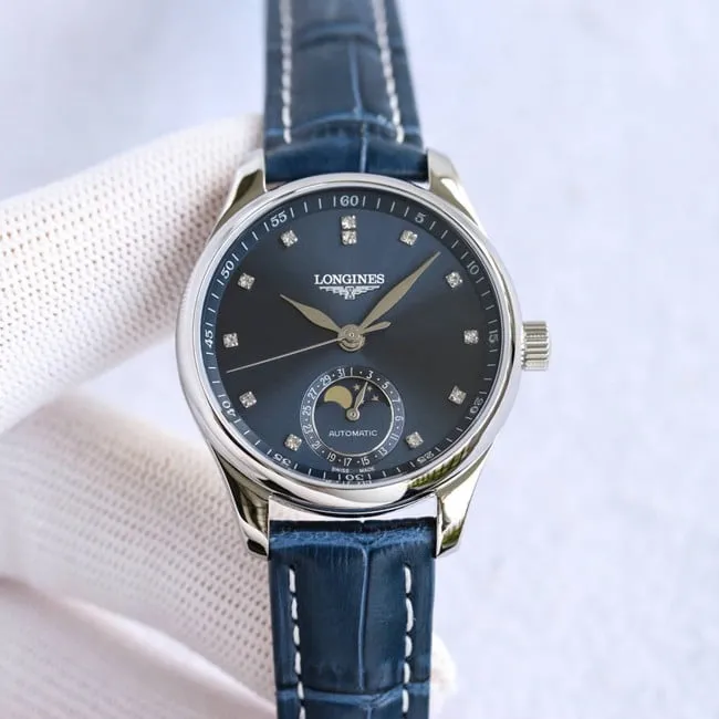 Longinestop-tier famous craftsman series ladies blue dial blue belt fully automatic movementleather strap watch side view