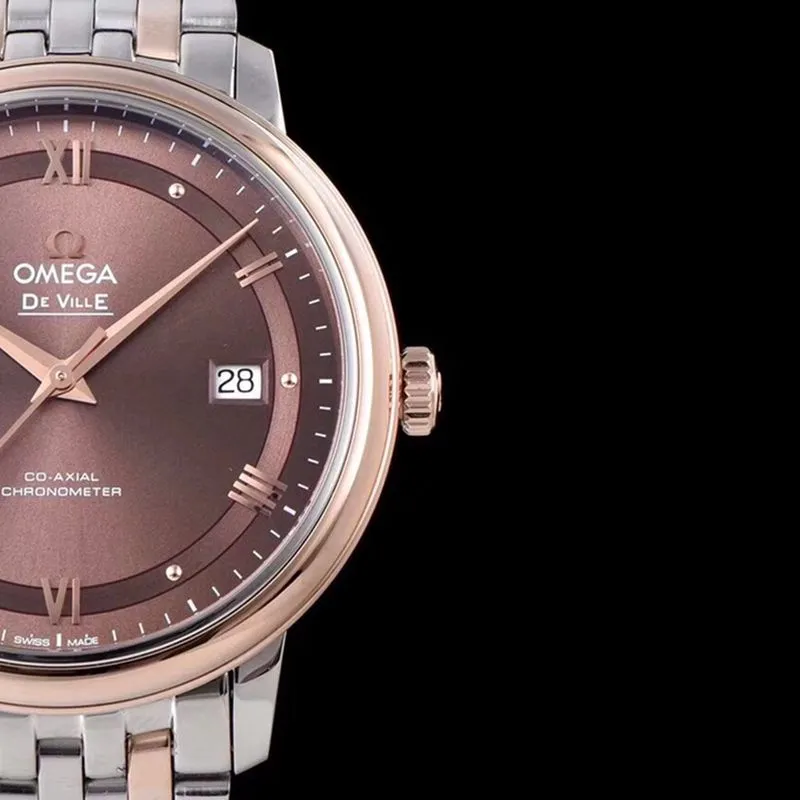 Fine imitation Omega watches Dafydd series men's mechanical ultra-thin watch between rose gold steel belt coffee face buckle Figure