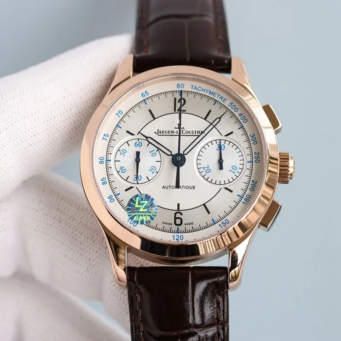 top-tier watch Jaeger-LeCoultre men's rose goldwhite dial master series fully automatic movementleather strap watch detail shots