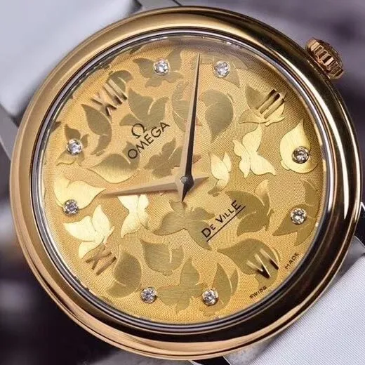 super cloneOmega women's watch De Ville series yellow gold butterfly dance 32.7mm side view