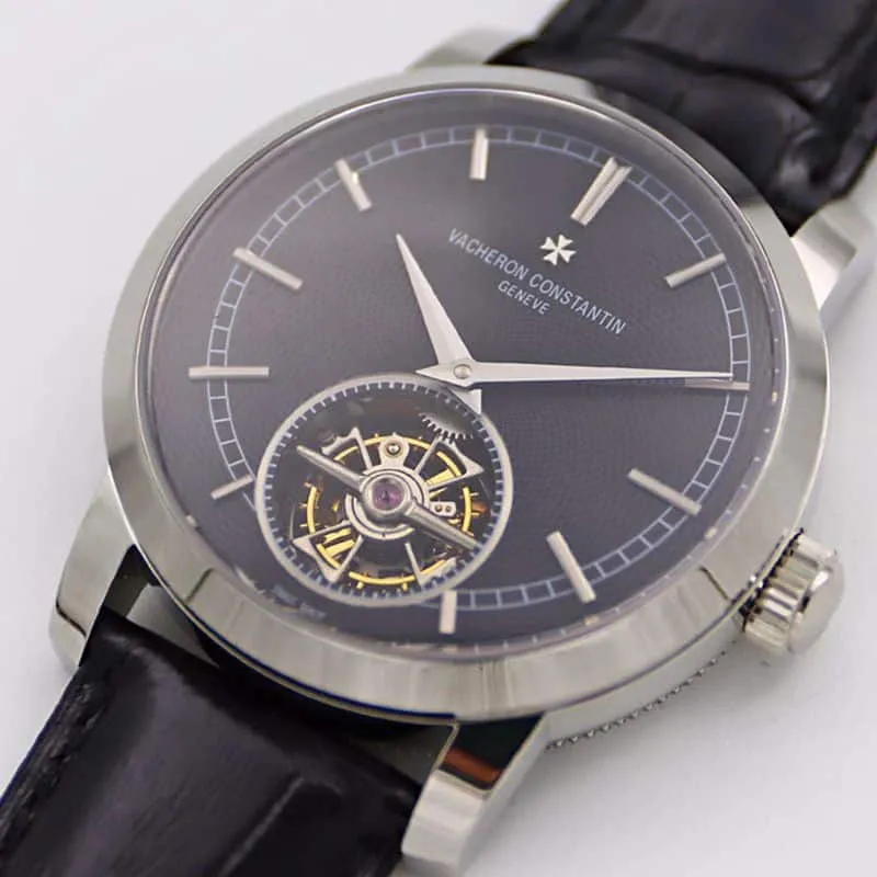 Vacheron Constantintop-tier watch Traditionnelle series tourbillonleather strapblack dial men's watch side view