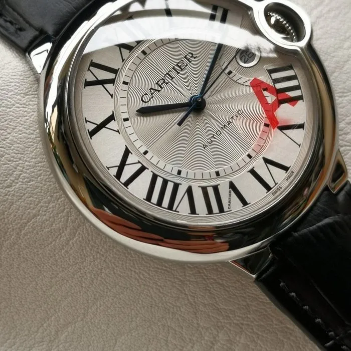 top-tier watch Cartier men's white dial blue balloon series leather strap watch side view