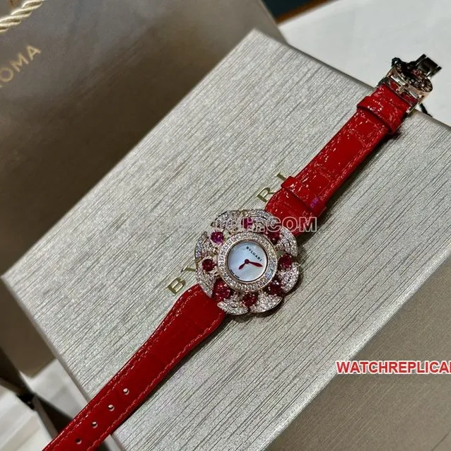 Actual Photos of the Bulgari collectible Watch with White Mother-of-Pearl Dial and Red Strap (Model 103754)