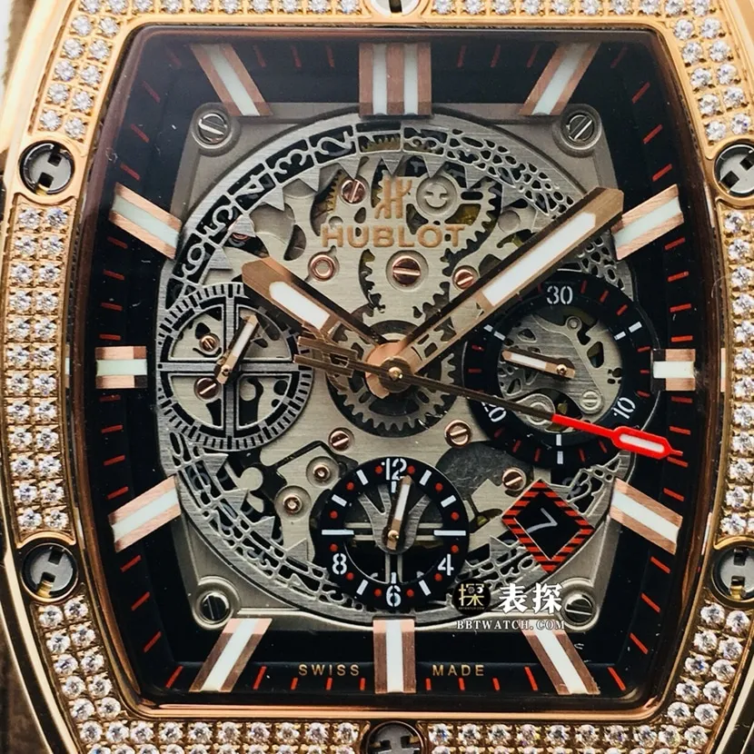 AB Big Bang Hublot1:1replica watch hollow disc set with diamond leather strap model 641.OX.0183.LR.1704 side view