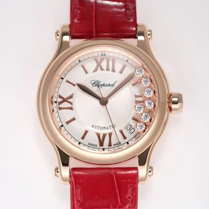 Top-tier watch Chopard women's white dial red band happy diamond series leather strap watch side view