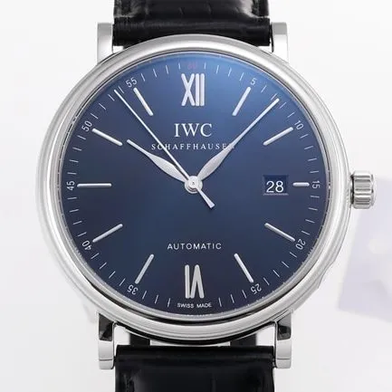 V7 factory IWC top-tier watch men's blue dial black belt disc mechanical wave fino series leather strap watch detail shots