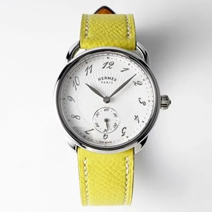 top-tier Hermès women's white dial yellow belt classic series quartzleather strap watch side view