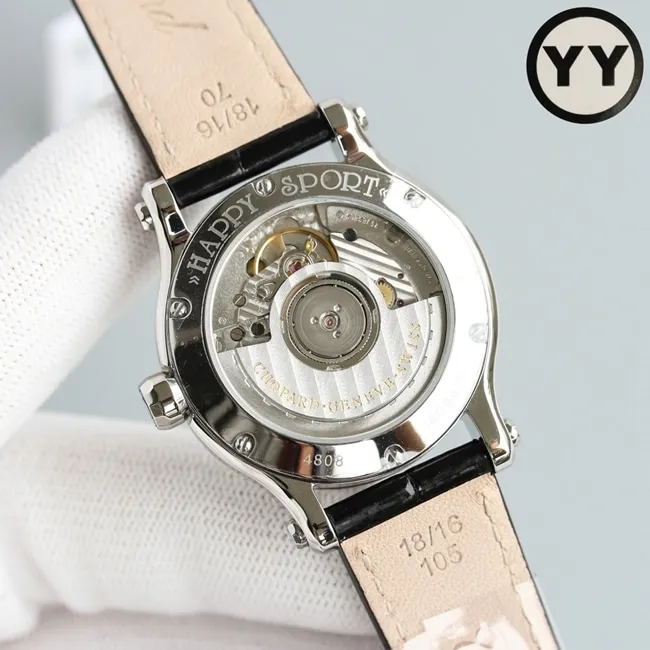 top-tier watch Chopard women's white dial black belt happy diamond HAPPY DIAMONDS series leather strap mechanical watch detail shots