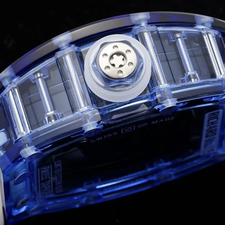 Richard Mille men's top-tier 1:1super watch blue transparent hollow disc rubber model RM35-01caseback live photo
