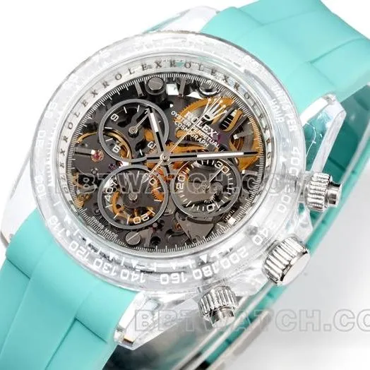 collectible watch TW factory DaytonaRolex transparent case green rubber braceletside live photo