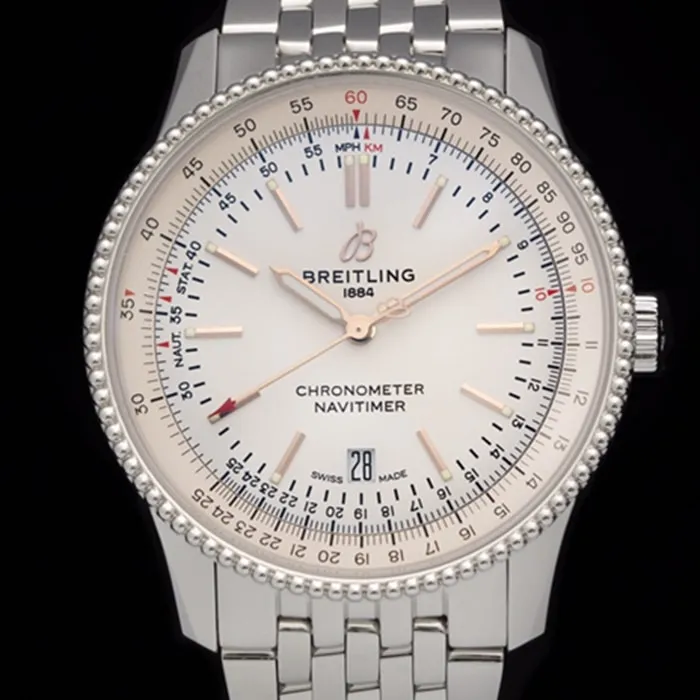 top-tier watch Breitling men's white dial aviation chronograph1 series overview steel bracelet watch front view
