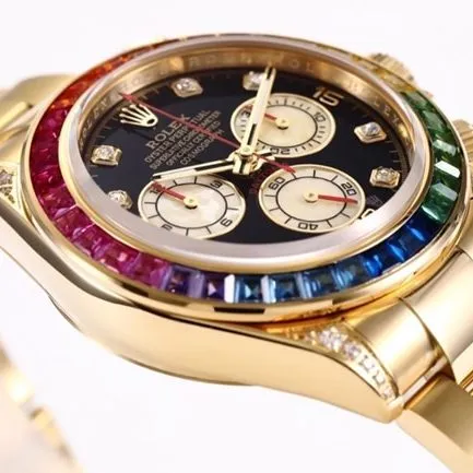 top-tier replicaRolex men's black dial gold band Daytona rainbow model full automatic movement watch side view