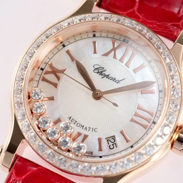top-tier watch Breitling women's white dial red band happy diamond series mechanical watch side view