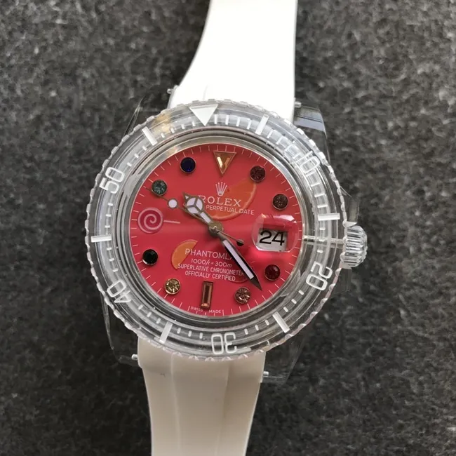 top-tier replicaRolex men's red plate rubber strap2021 new crystal series mechanical watch side view