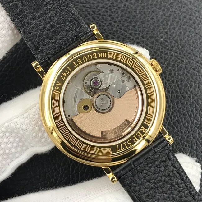 top-tier watch Breguet men's white dial black belt automatic movementleather strap classic series watch side view
