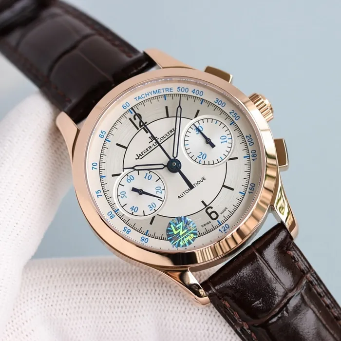 top-tier watch Jaeger-LeCoultre men's rose goldwhite dial master series fully automatic movementleather strap watch side view